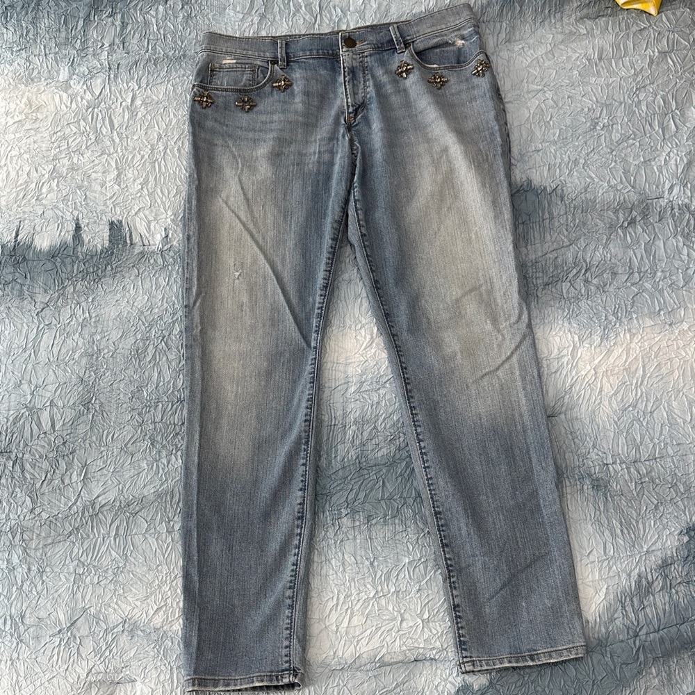 27. LOFT Relaxed Skinny Blue Jeans with Embellishment